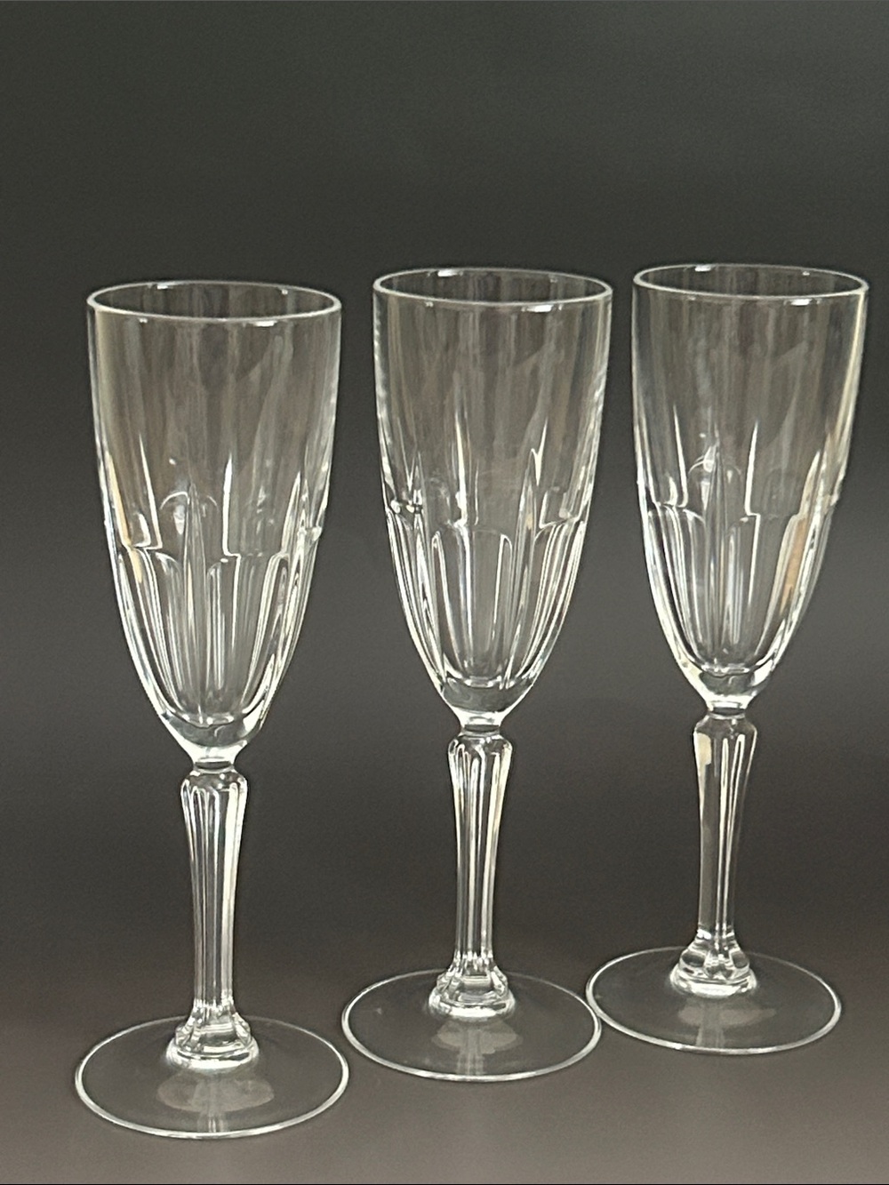 Vintage Set of 3 Clear Champagne Flutes Paneled Stemware